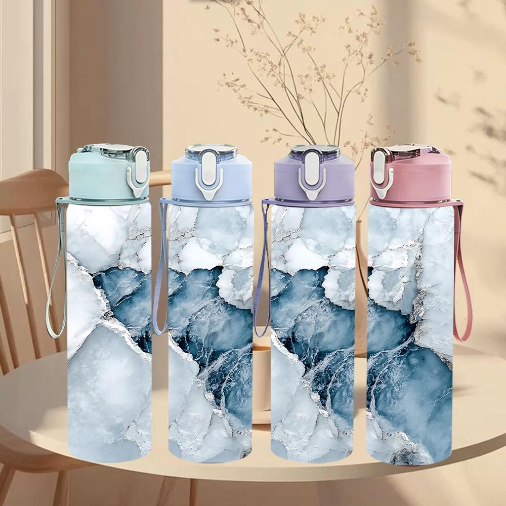 1PC Light Grey Blue Cracked Marble Texture Print 750ml Color Plastic Sports Water Bottle Leakproof Flip Straw Lid Suitable for Sports Office Home Use
