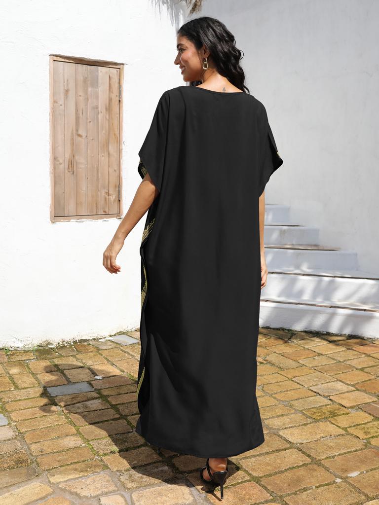 EDOLYNSA Sexy V-Ausschnitt Goldbesticktes Langes Strandkleid, Damen Retro Kaftan Locker Strandbekleidung Urlaub Badeanzug Bikini Cover-up