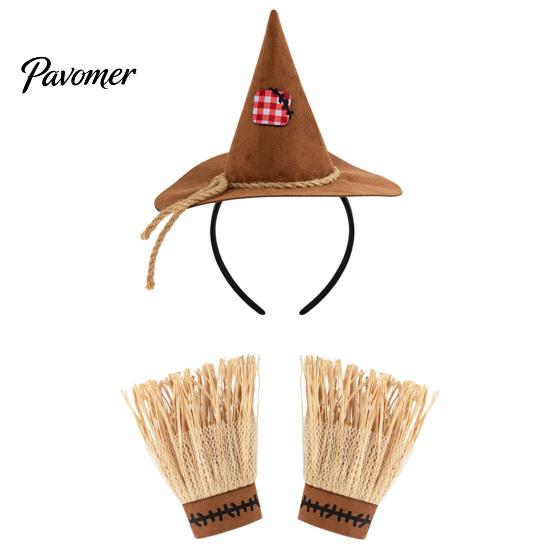 Bequeme Halloween-Handschuhe Vogelscheuchen-Kostümset, mit Stirnband Spitzhut Und Stroh-Accessoires Armbändern, Cosplay für Bauernhofparty Dekoriert