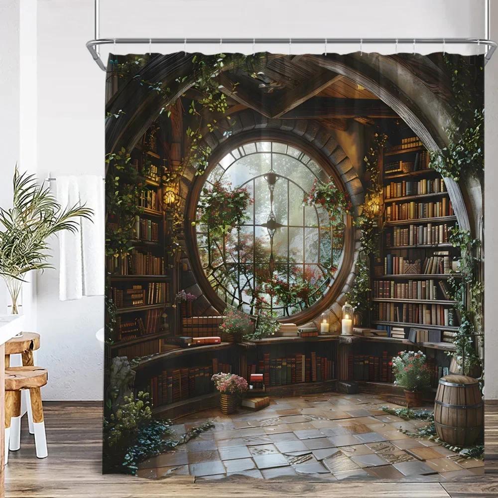 Vintage Library Shower Curtain Medieval Study Antique Castle Bath Decoration Study Theme Polyester Shower Curtain