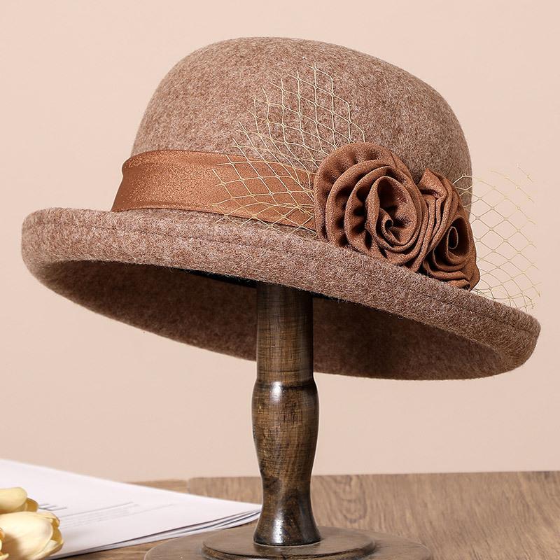 Middle-aged elderly autumn and winter warm woolen basin hat femininity mother flower curling top hat fashion versatile bucket hat