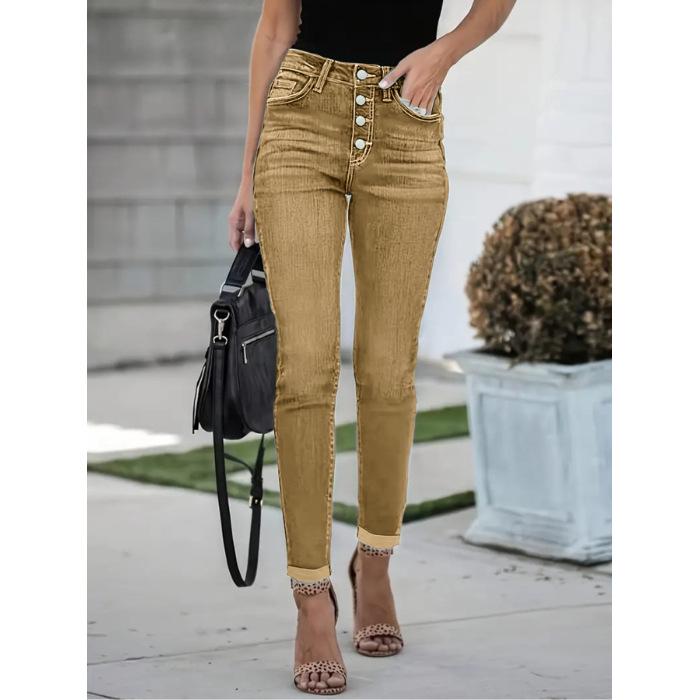 Women's Plus Size Slim Fit Multi-button Elastic Washed Denim Jeans