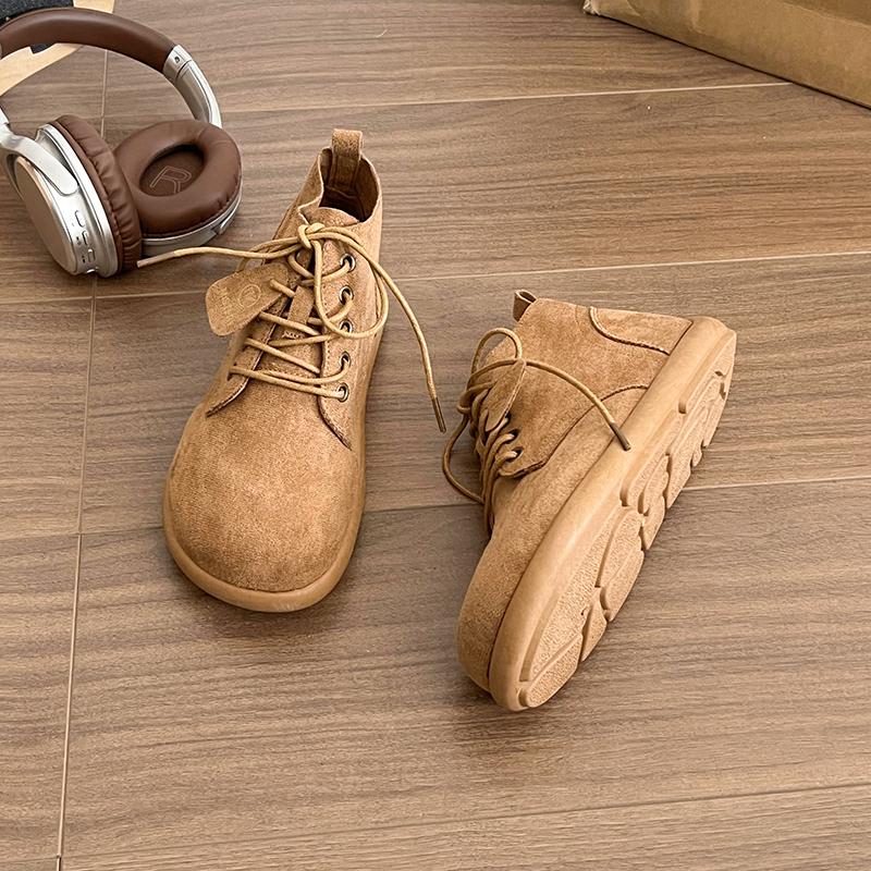 New Winter Women Faux Suede Short Boots Lace Up Female Casual Shoes Soft Camel Suede PU Upper Flat Sole Ankle Boots Solid Color