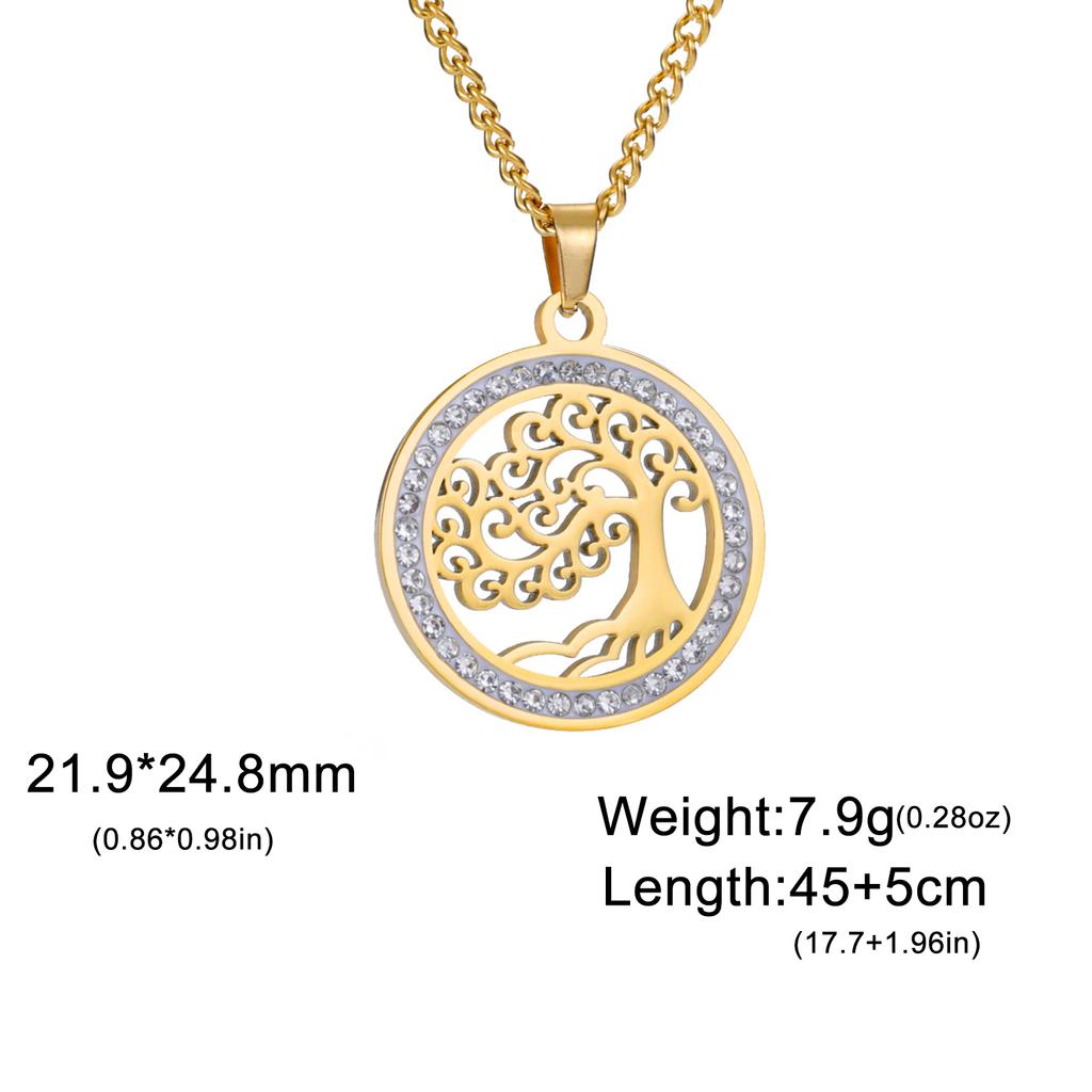Tree of Life Clear Zircon Round Pendant Necklace Women Stainless Steel Gold Color Neck Chains Luxury Jewelry Wedding Gift