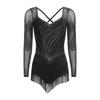 Womens Latin Dance Rhinestone Bodysuit Mesh Long Sleeve Strappy Back Tiered Tassel Hem Leotard