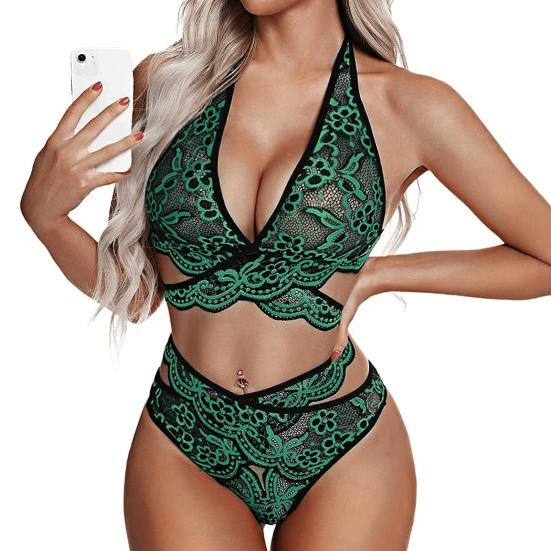 Sexy Lace Underwear Set Floral Lace Bralette And Panty Babydoll Outfits Halter Bra V Waist Briefs Women 2 Piece Underwear Set