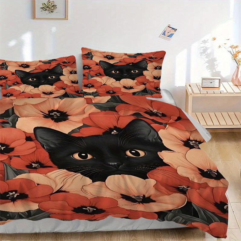 

3pcs Black Cat Floral Print Bedding Set, Suitable for Bedroom Decoration, (Includes 1 Duvet Cover And 2 Pillowcases, Quilt Not Included) yy250822165 135x200cm