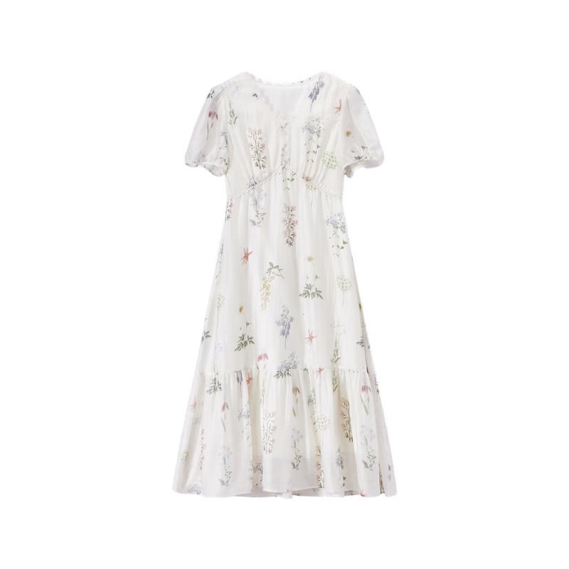 Women's French Style Floral Linen Blend Midi Dress