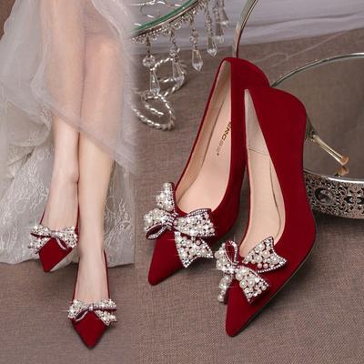 Chaussures de mariage femme nœud talon haut chaussures de mariée rouge vêtements de spectacle robe de mariée chaussures de mariage double usage toast pas de pieds fatigués chaussures simples