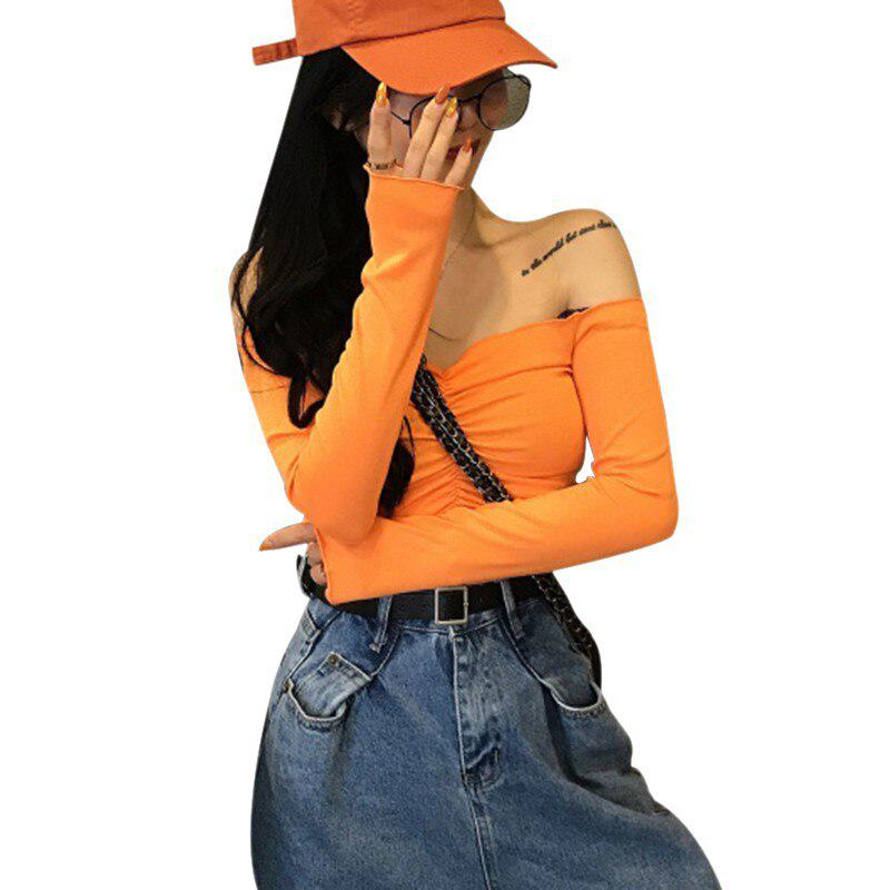 T Shirt Women Sexy Off Shoulder Korean Female T-shirt Slash Neck Long Sleeve Crop Tops Clubwear Summer