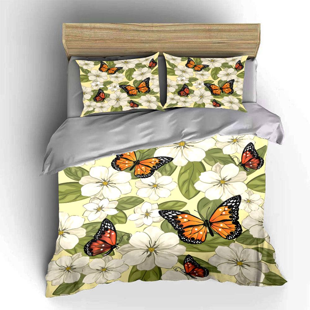 Butterfly and White Floral Pattern Bedding Duvet Cover Set (1*Duvet Cover 2*Pillowcases, without duvet insert)