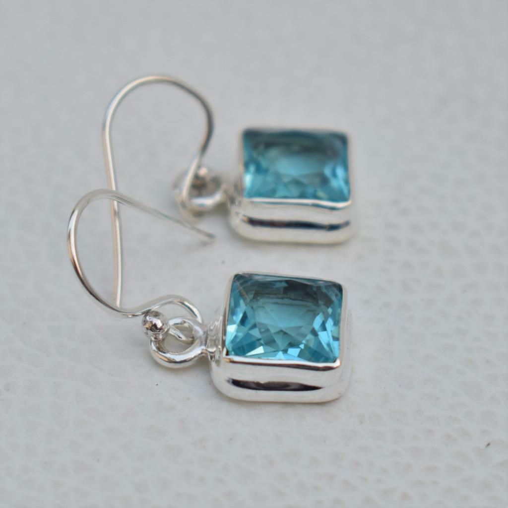 Natural Blue Topaz Earrings, Handmade Earrings, 925 Sterling Silver Earrings, Square Blue Topaz Earrings, Gift for Sister, Birthday Gift