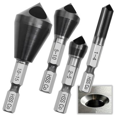 Set of 4 Super Hard Chamfer Cutter Bits with Hex Shank for and Drilling Aluminum and Wood Chamfering Tools Drilling, Countersinking, Deburring,