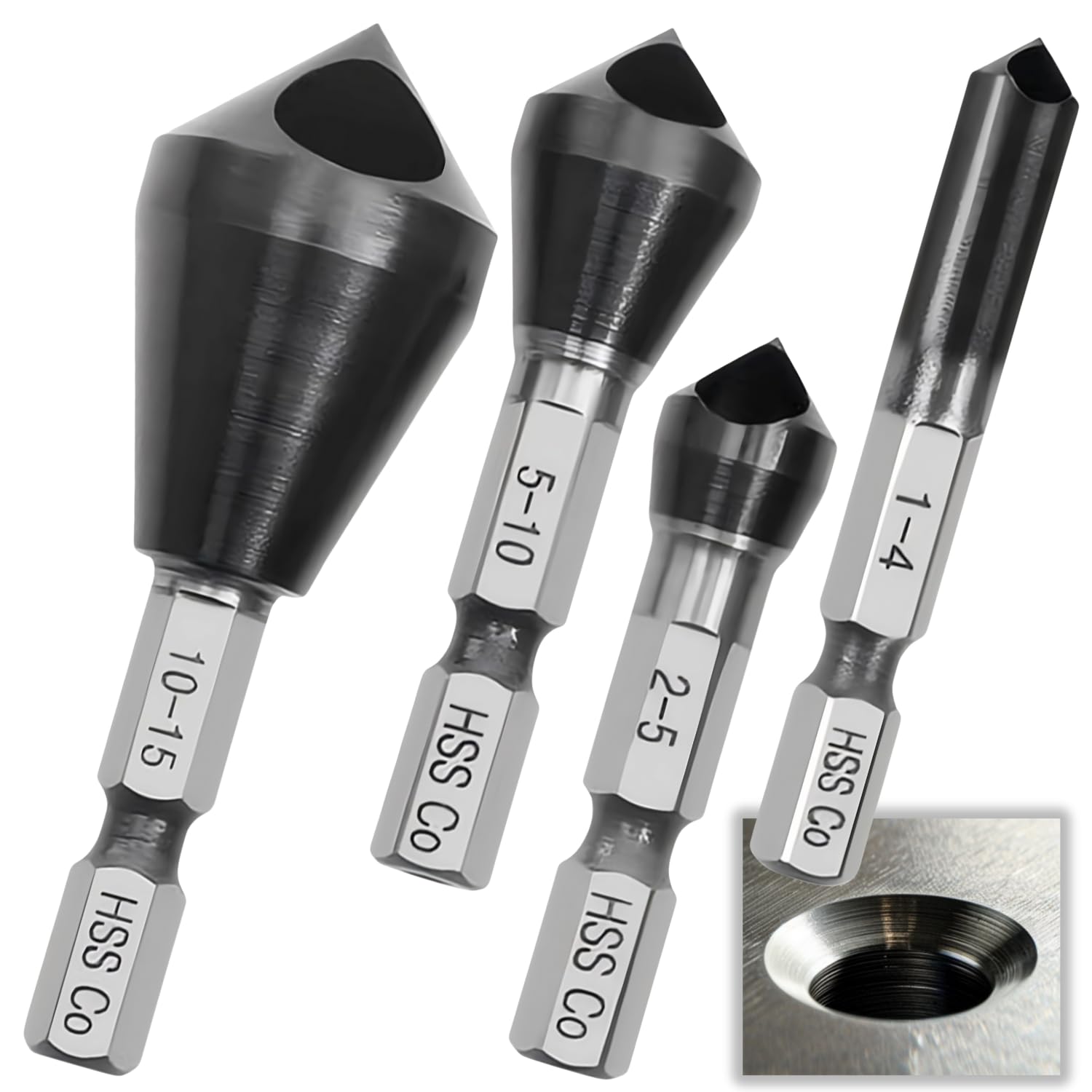 

Set of 4 Super Hard Chamfer Cutter Bits with Hex Shank for and Drilling Aluminum and Wood Chamfering Tools Drilling, Countersinking, Deburring,