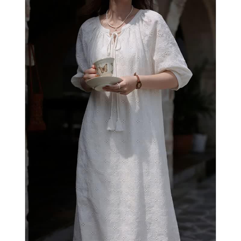 Demana Pure Cotton Lace Embroidered Tea Dress S