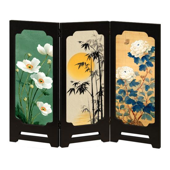Yousheng Mini Floral Folding Screen Rustic 3 Panel Room Dividers Chinese Style Vintage Desktop Folding Screen Feng Shui Ornaments for Home Table Decor