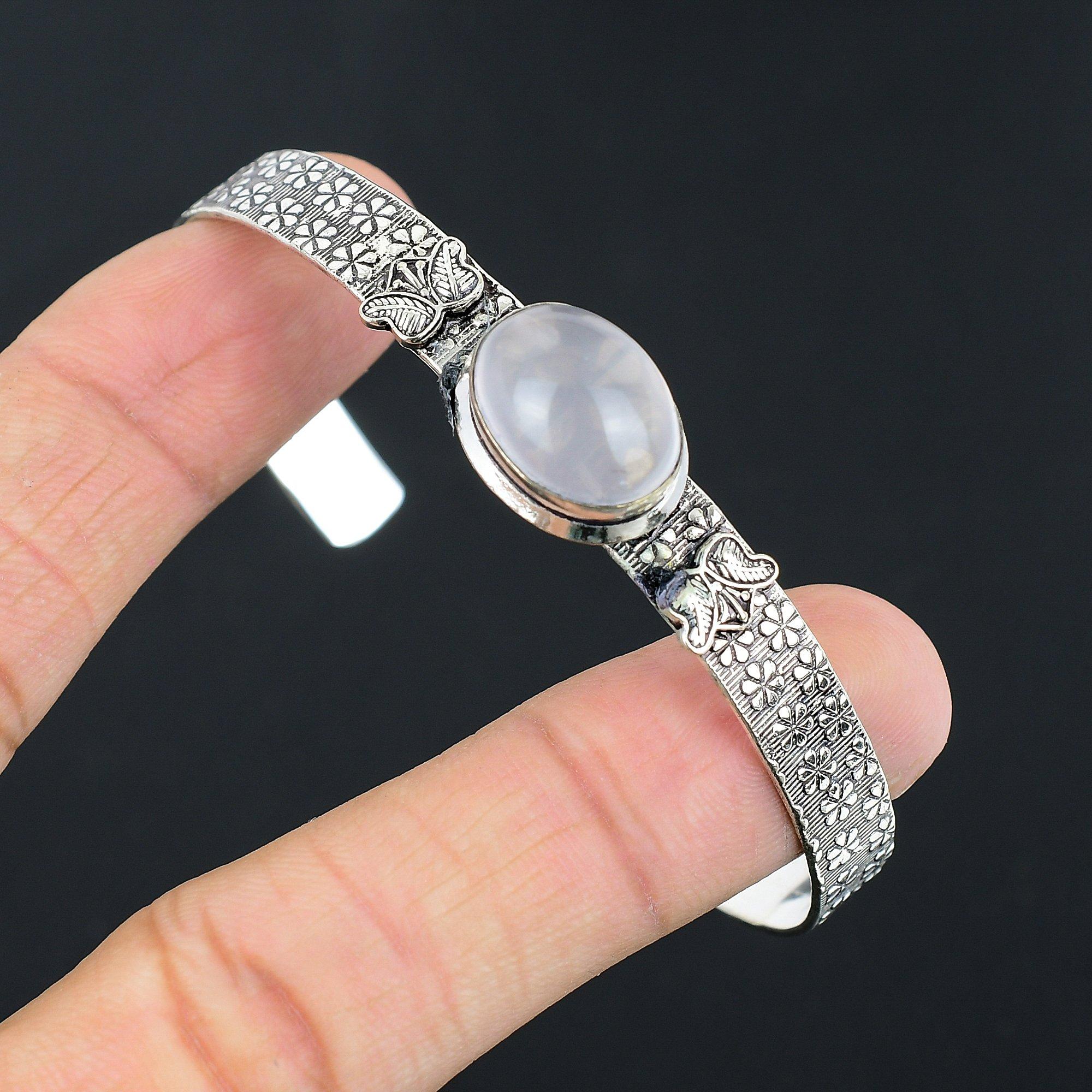 

Memorial Day Deal Oval Natural Rose Quartz Sterling Silver Mother Wedding Bangle Adjustable