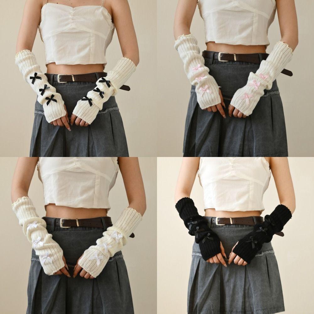 Bow Star Long Wrist Gloves Knitted Fingerless Gloves Trendy Warm Arm Sleeve  JK Accessories