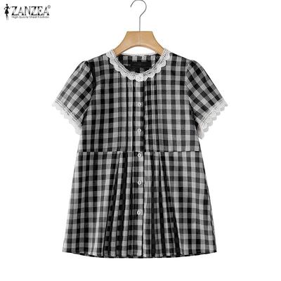 Women Plaid Print Casual Round Neck Summer Short Sleeve Blouse