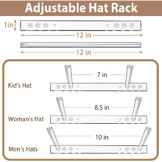 2 Pack Acrylic Cowboy Hat Rack for Wall, 3-Position Adjustment Wall Mount Hat Holder Organizer for Western Cowboy Hats, Fedoras, Sun Hats