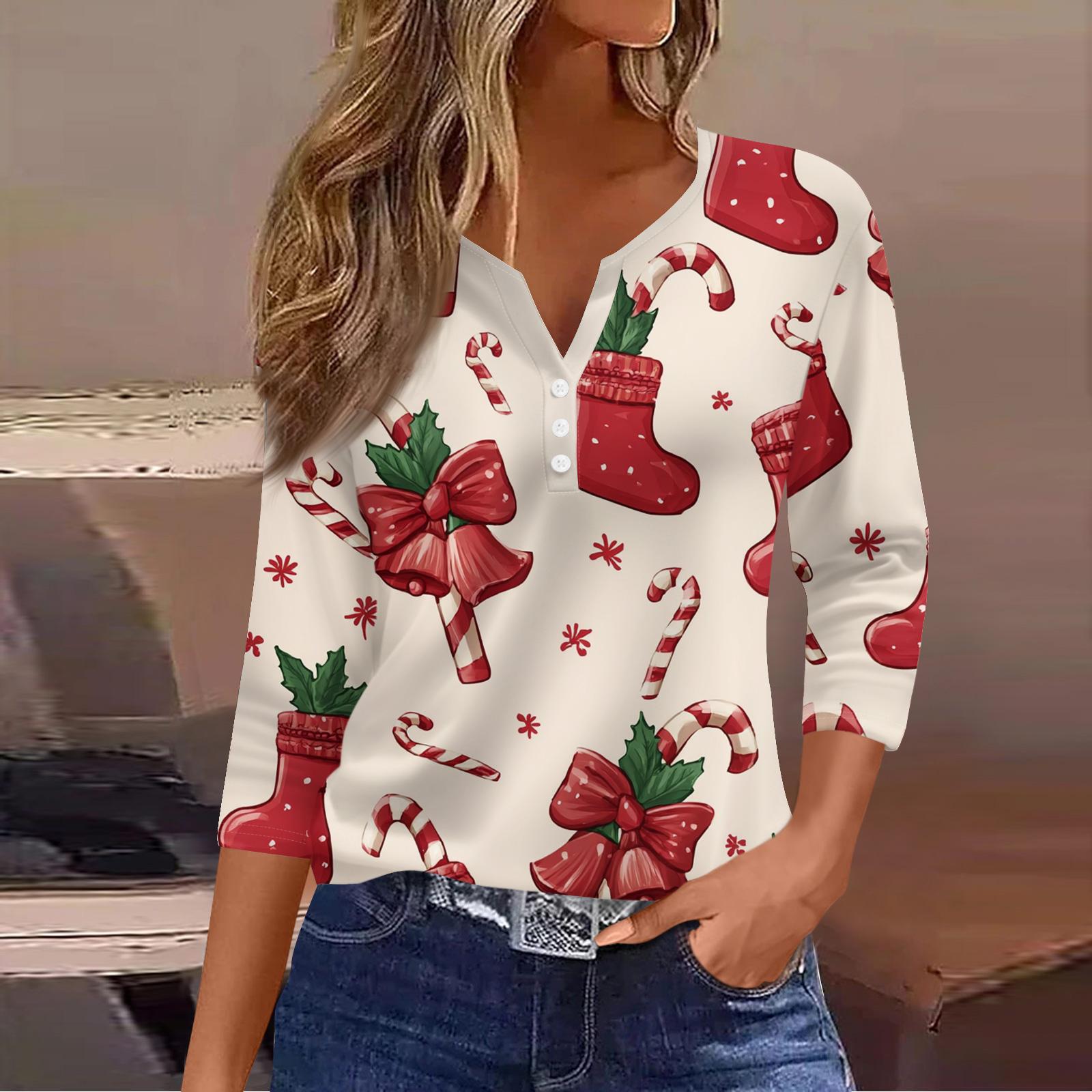 

Женская модная повседневная футболка с принтом рождественской елки, V-образным вырезом, декоративными пуговицами и рукавом три четверти L бежевый