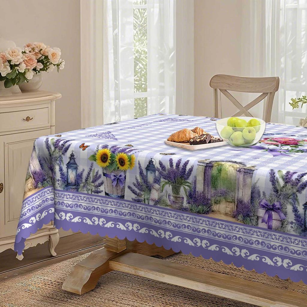 Purple Lavender Sunflower Peony Flower Butterfly Vase Floral Pattern Tablecloth, Round And Rectangular Tablecloth
