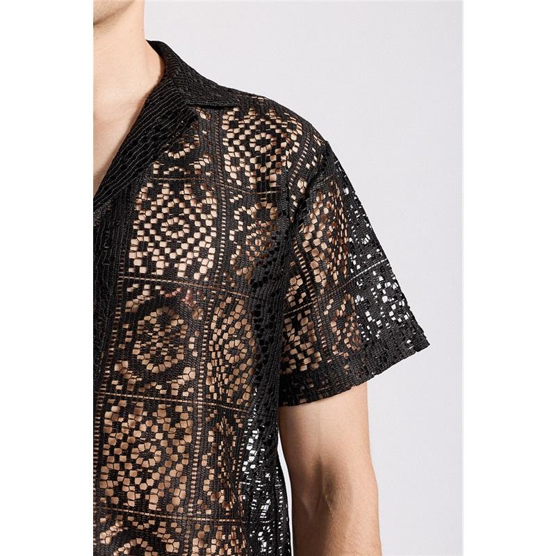 Férfi Hálós Csipke Kötött Rövid Ujjú Ing Kivágott Tánc Perspektíva Ing Nyári Utcai Viselet Éjszakai Klub Diszkó Előadói Felsők