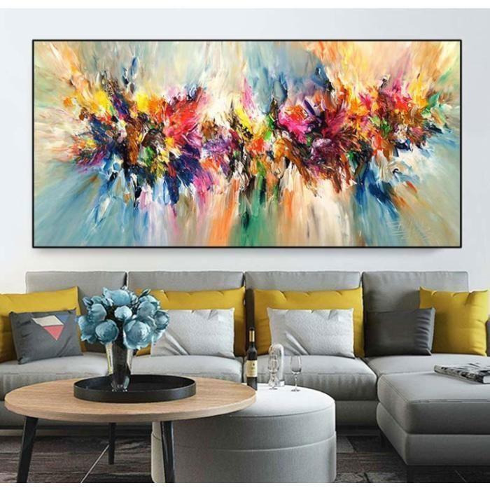 Grande Peinture Abstraite Colorée d’Éclosion Florale sur Toile - Décoration Murale pour Salon et Maison - 60x120 cm
