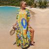 2022 Multicolored Kaftan Bohemian Printed V-neck Batwing Sleeve Street Wear Maxi Dress Women Beach Wear Swim Suit Cover Up Q1342