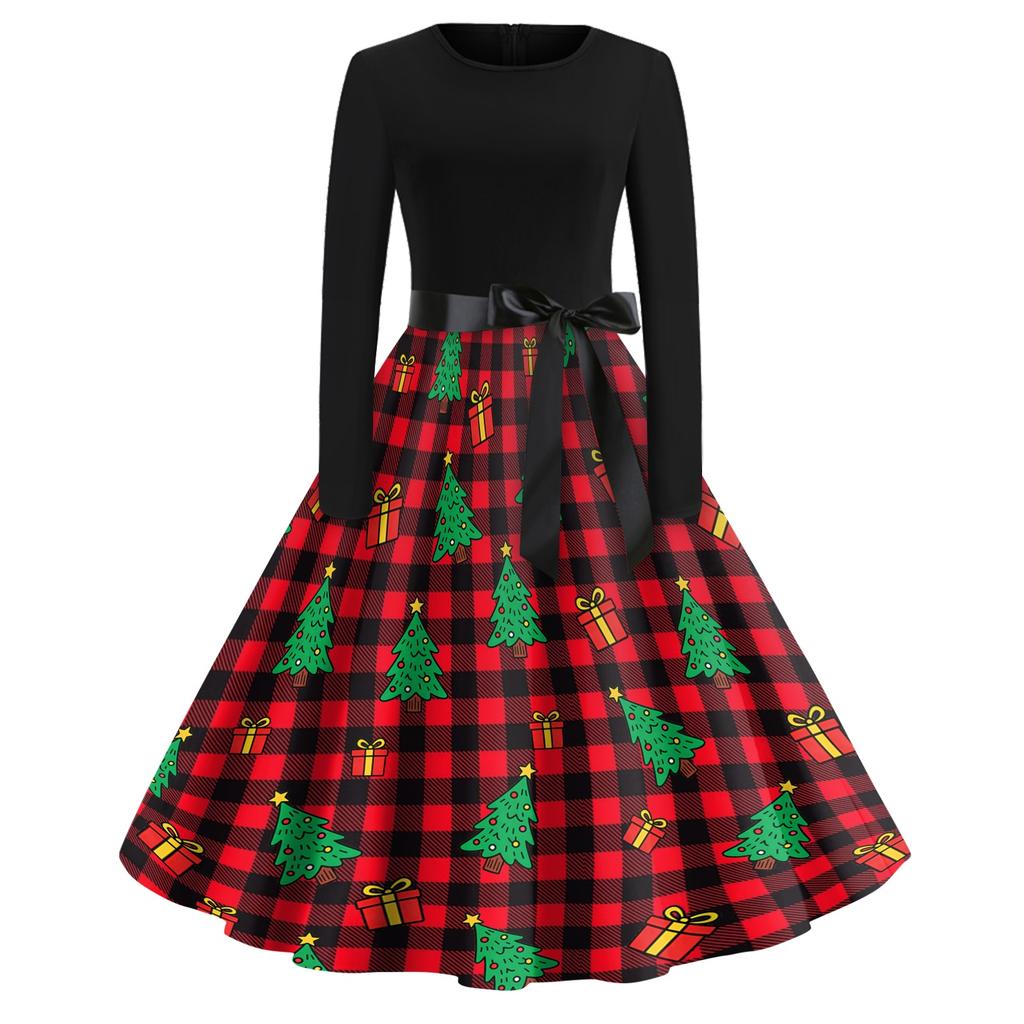 Women's Casual Christmas Print Dress with Neck, Vintage Holiday Dress