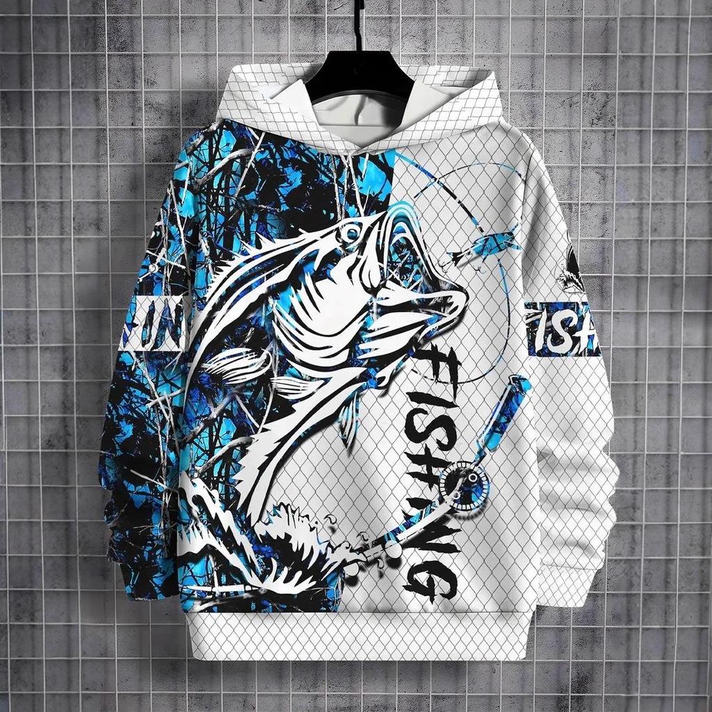 Men's Autumn Ocean Animals Fierce Fish Print Hoodie - New Arrival 2025