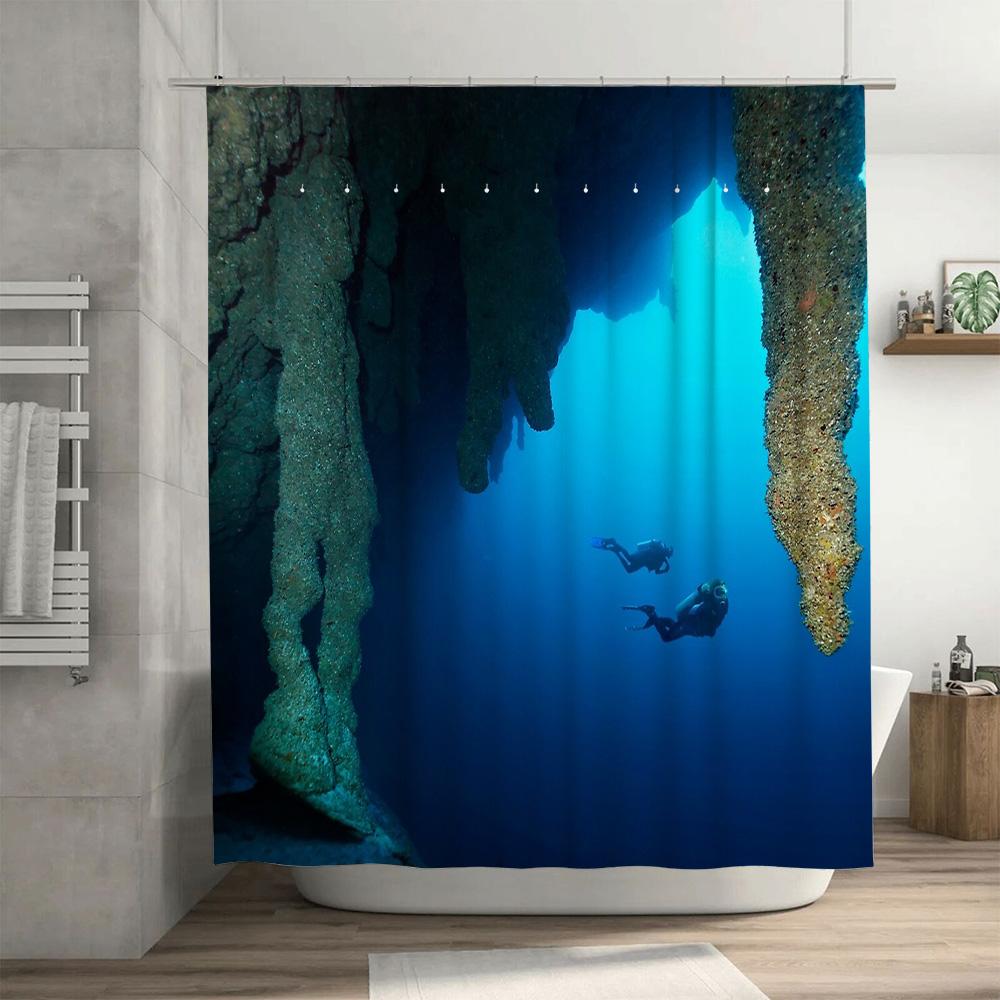 Underwater Ocean Diver Shower Curtain Blue Sea Life Bathroom Decor Backdrop Washroom Artistic Print Waterproof Home Textile