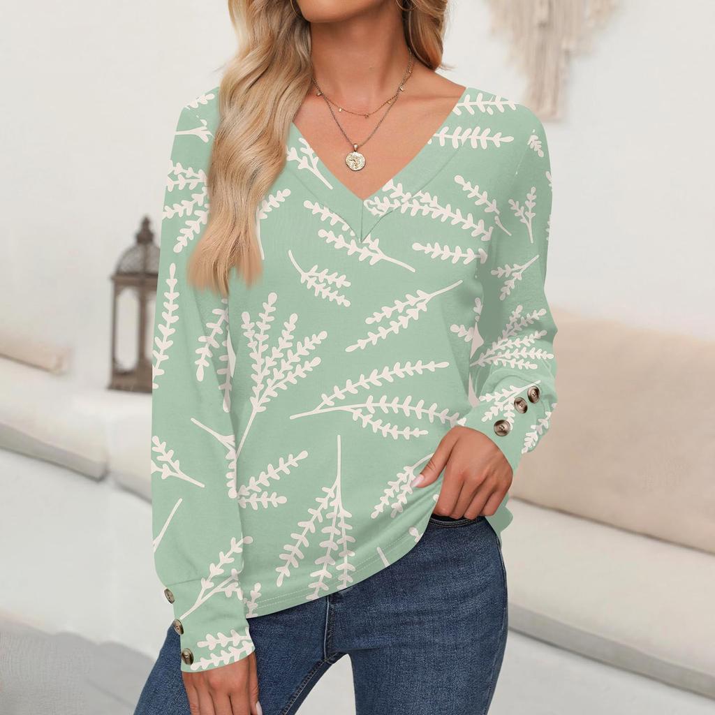 Damen Tops Blumendruck Langarmshirt V-Ausschnitt Casual Loose Tee Herbstkleidung