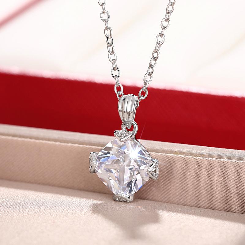 Silver Plated Square Cut Clear Zircon Pendant Necklace