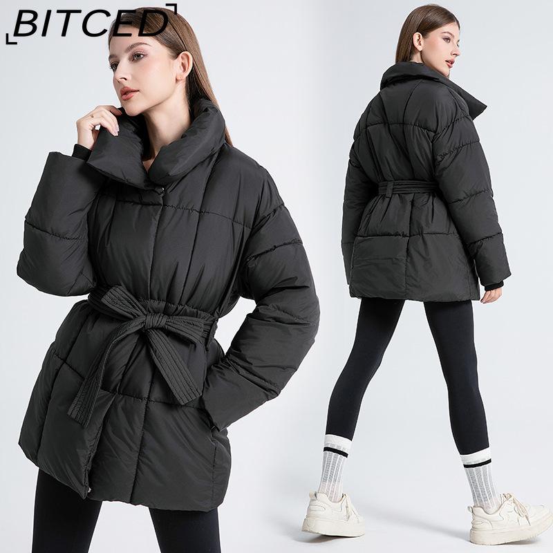 BITCED Zkrácená bavlněná bunda Zimní Volný střih Ležérní Teplá Stojáček Pásková bavlněná bunda