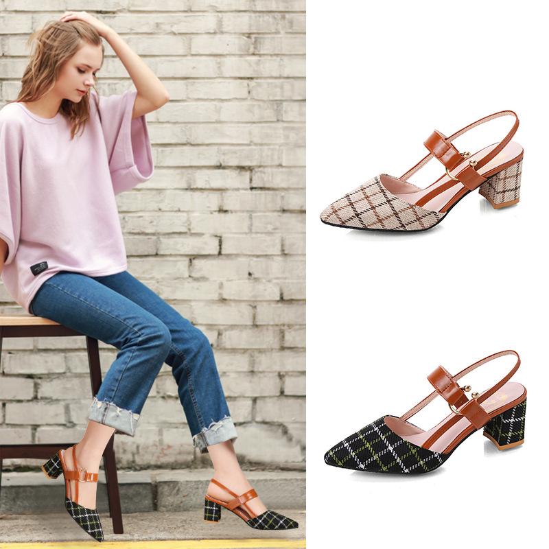Zapatos De Mujer Women Light Mouth Plaid Pointed Toe Medium Heel Buckle Strap High Quality Party Shoes Women Gladiator Sandals