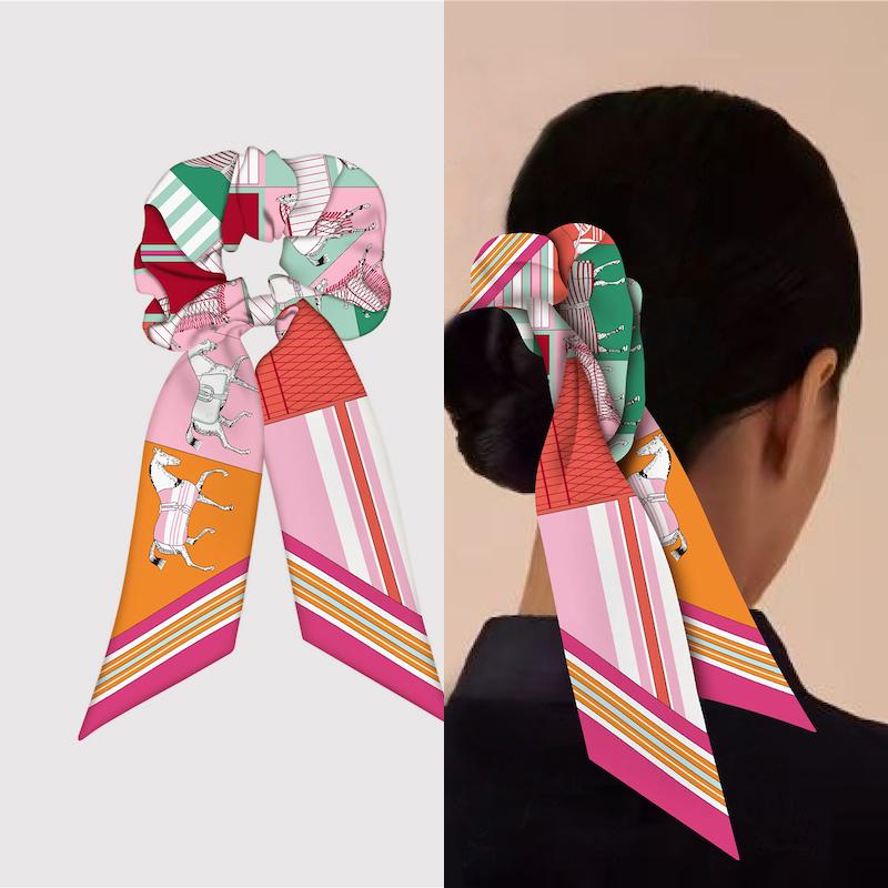 Girl Hair Silk Scarf Lady Elastic Scrunchies Ties Band Accessories Luxury Design Horse Print Ponytail Hairstyle Hairbands Ribbon