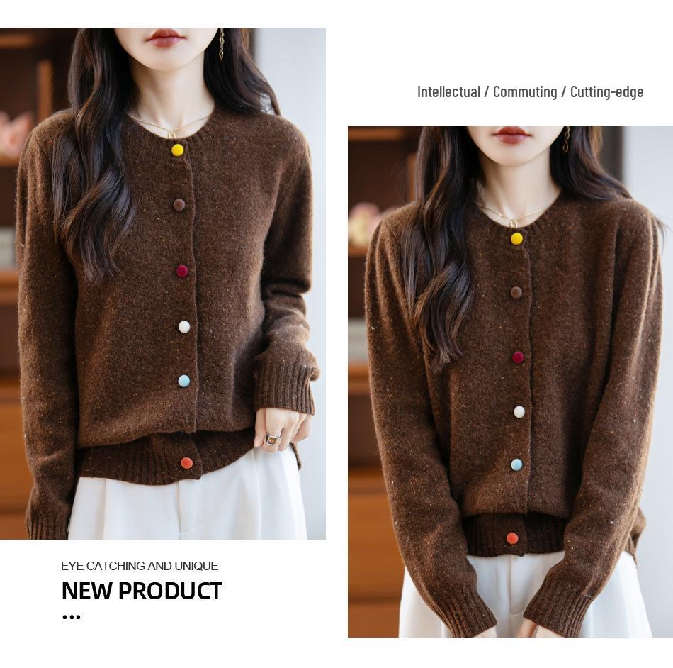 100% Wolle Damen Herbst/Winter Koreanischer Stil Punktgestrickte Strickjacke - Vielseitig, Figurbetont & Modisch Rundhals