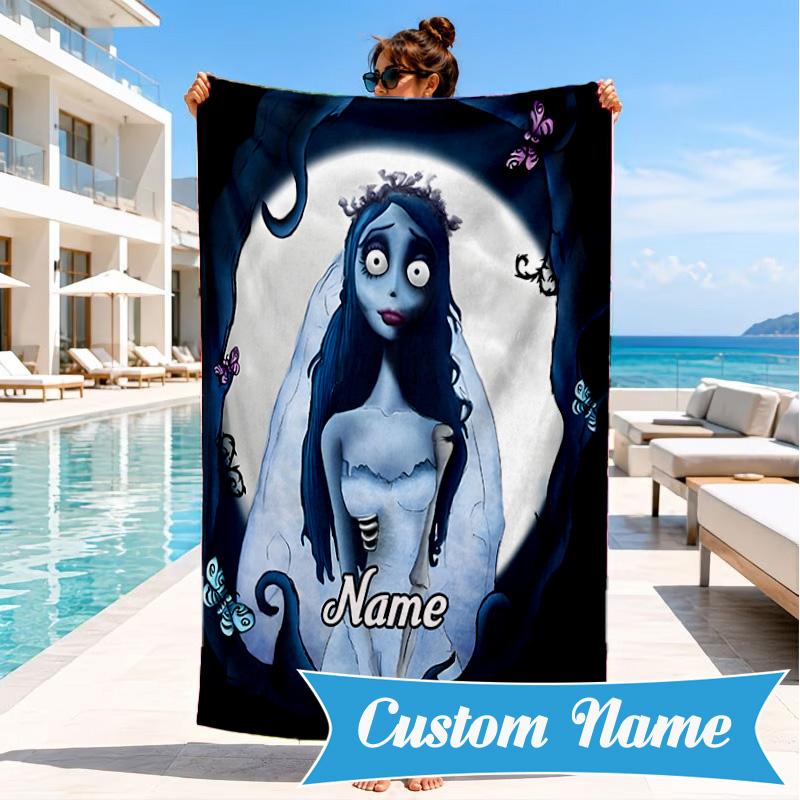 Custom Name Corpse Bride Art Heart In Space Adventure Microfiber Beach Towel, Lightweight for Summer Travel, Swimming Pool Fan Gift
