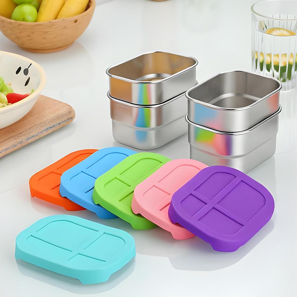6pcs Stainless Steel Student Food Box 8 Oz Leak Proof Food Storage Containers With Silicone Lids School Lunch Supplies Storage