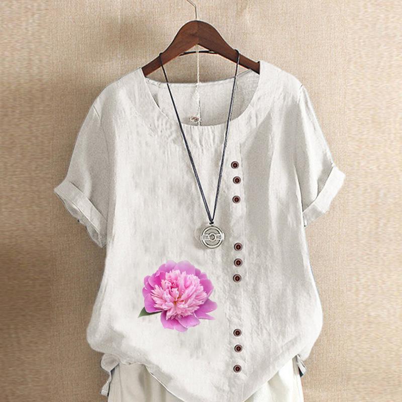 Women's Fashion Round Neck Short Sleeve T-shirt Casual Cotton Linen Graphic Shirt Flower Prined Summer Blouse Tops