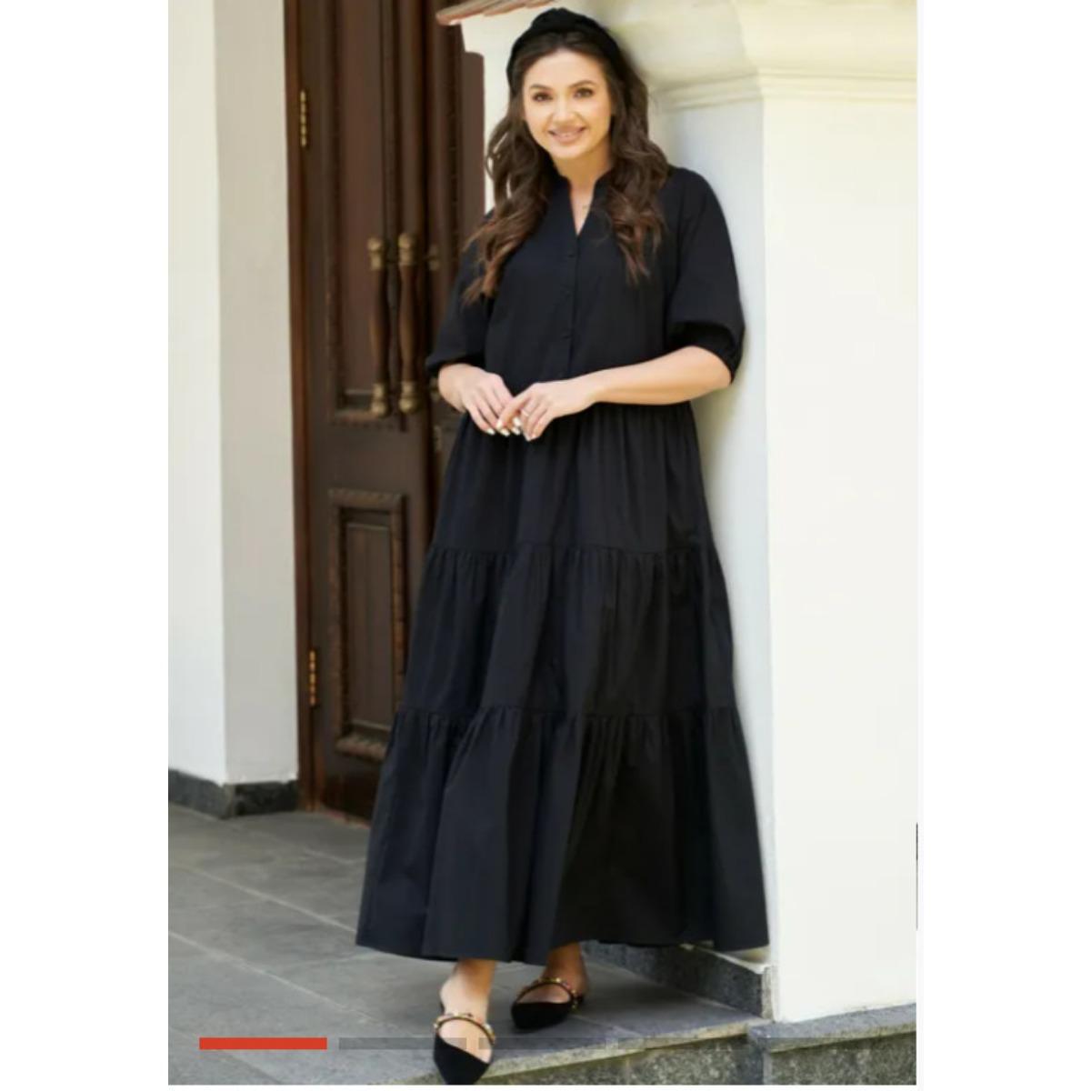

Summer Women s Solid Color Stand Collar Short Sleeve Long Flowy Casual Dress, Sweet Fresh Style For European And American Crossborder 5XL чорний