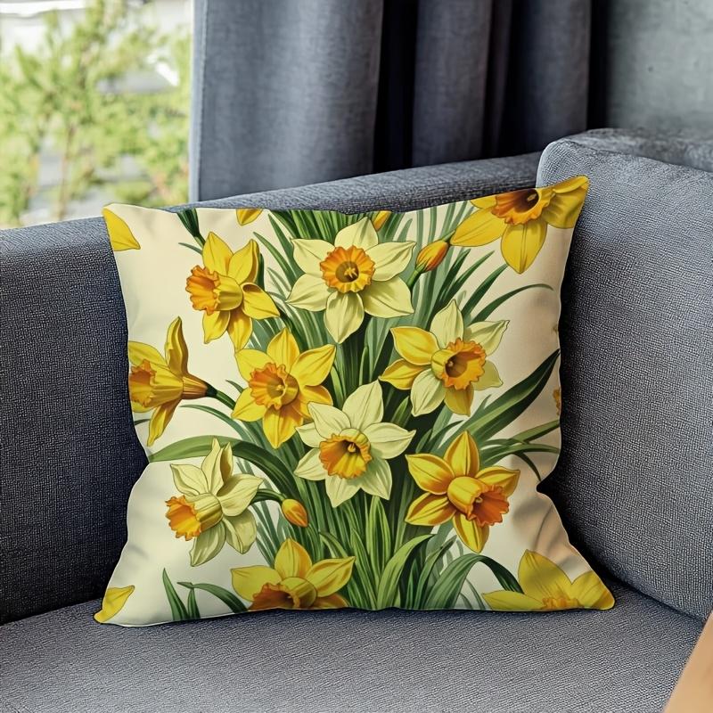 Spring Yellow Daffodil Pattern Double-Sided Throw Pillow Cover, Decorative Cushion Case For Living Room And Bedroom