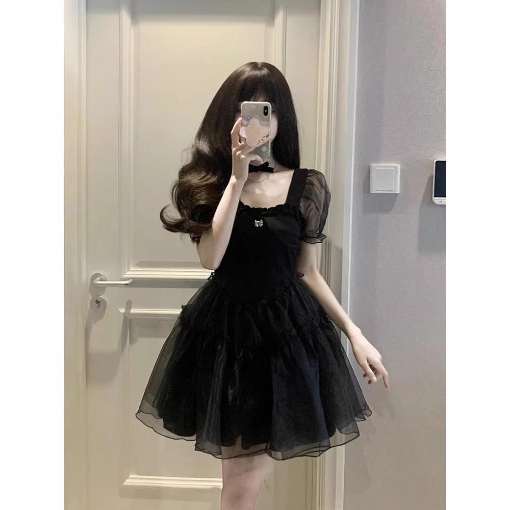 High-end temperament waist dress women's puff sleeves mesh splicing puffy princess skirt