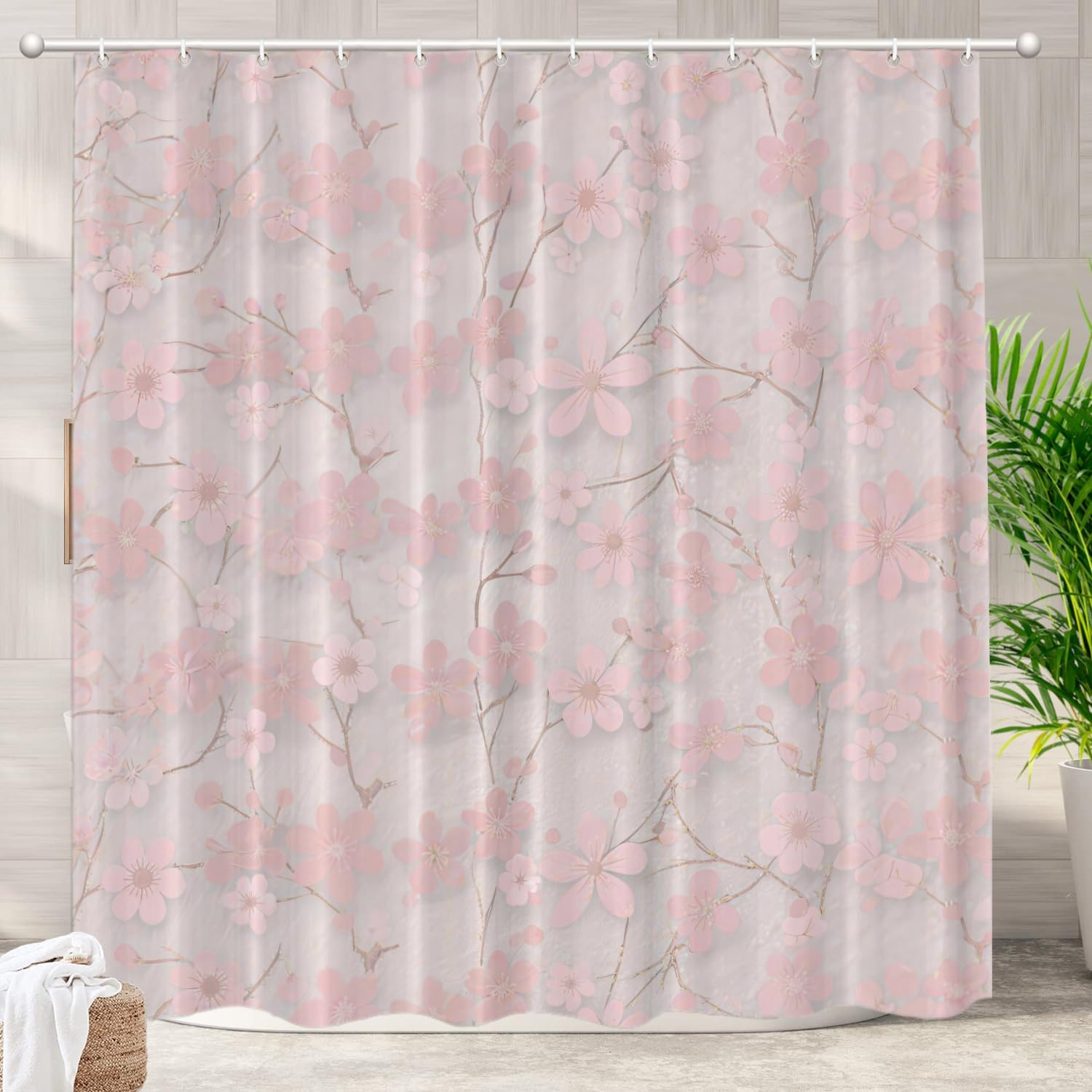 Pink Cherry Blossom Branch Pattern Waterproof Polyester Shower Curtain 180x180cm - Spring Floral Print Bathroom Decor with Hooks 90x180cm35x71in