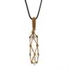 Hand-Woven Double-Pointed Hexagonal Prism Crystal Rough Stone Natural Stone Brown Mesh Pocket Necklace N712
