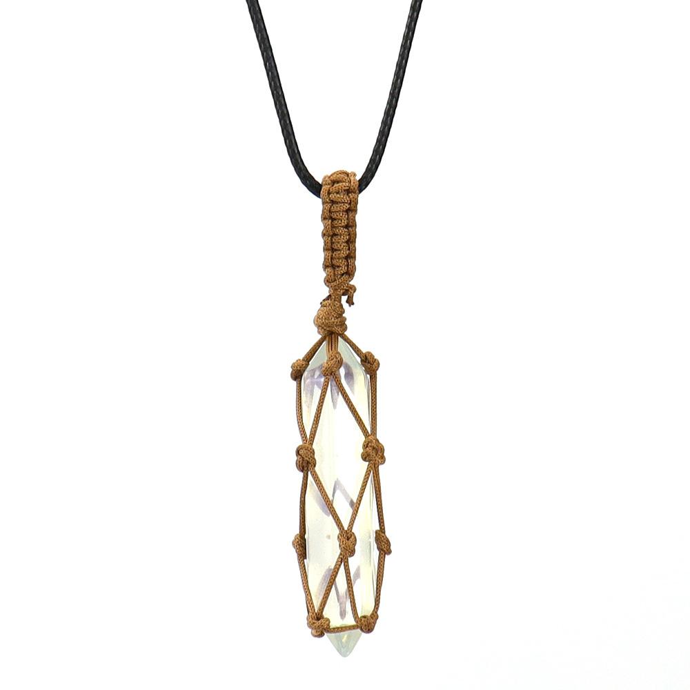 Hand-Woven Double-Pointed Hexagonal Prism Crystal Rough Stone Natural Stone Brown Mesh Pocket Necklace N712