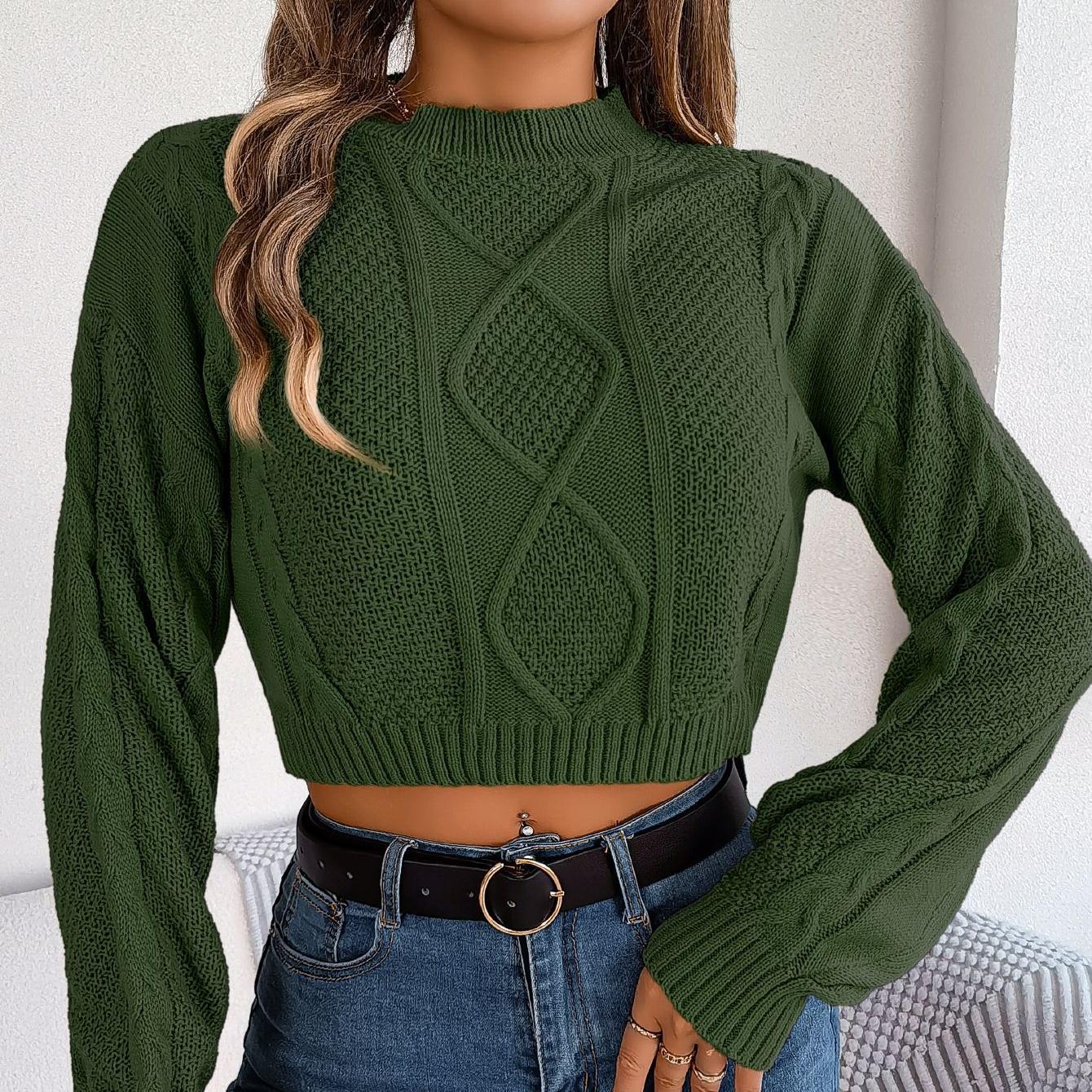 

GMXIA Женская мода, повседневный осенне-зимний свободный однотонный джемпер с длинным рукавом и круглым вырезом, с укороченным топом L темно-зеленого