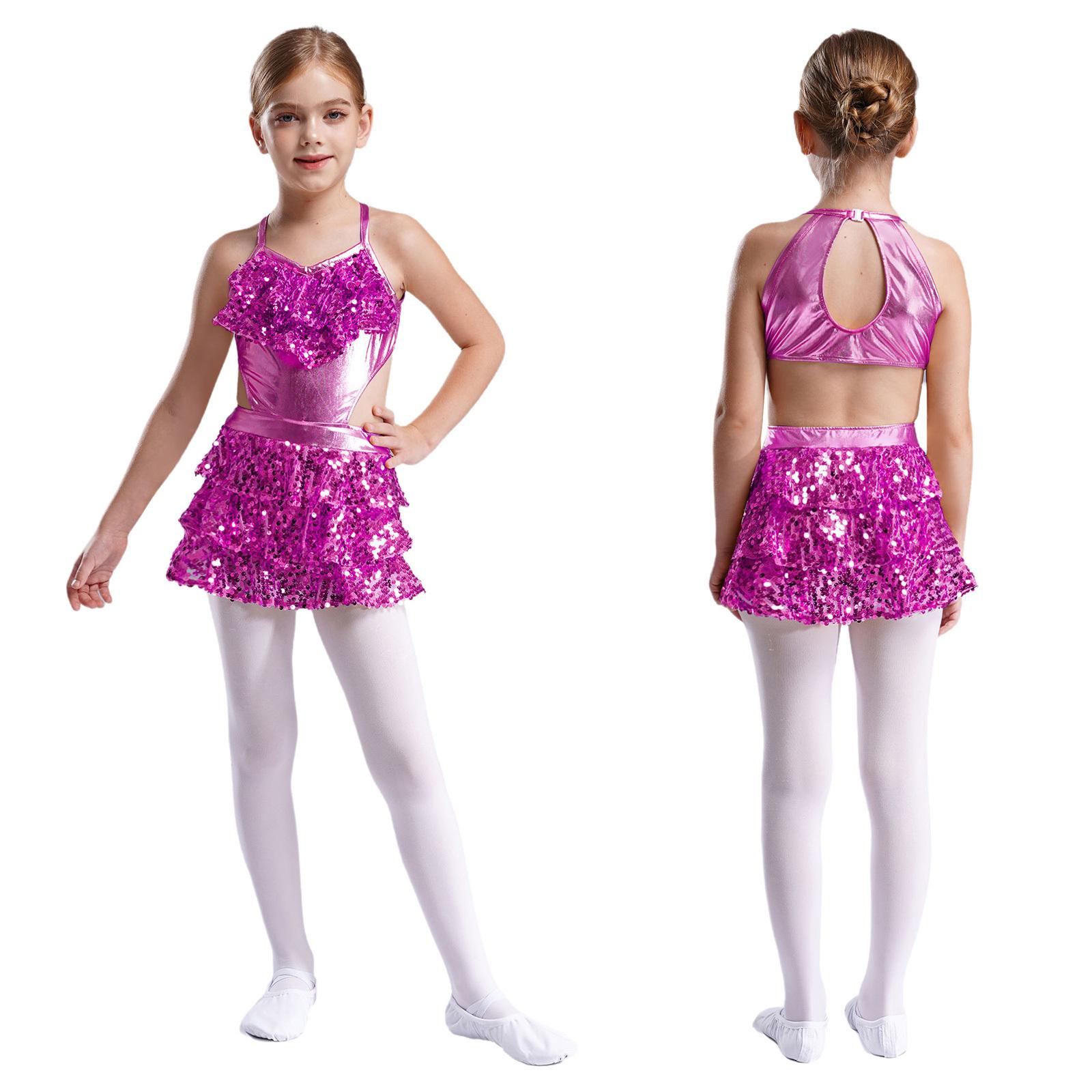 

Girls Tiered Ruffle Dance Dress Sleeveless V Neck with Sequins for Stage Performance Costume 5-6 Years гарячі рожевого кольору