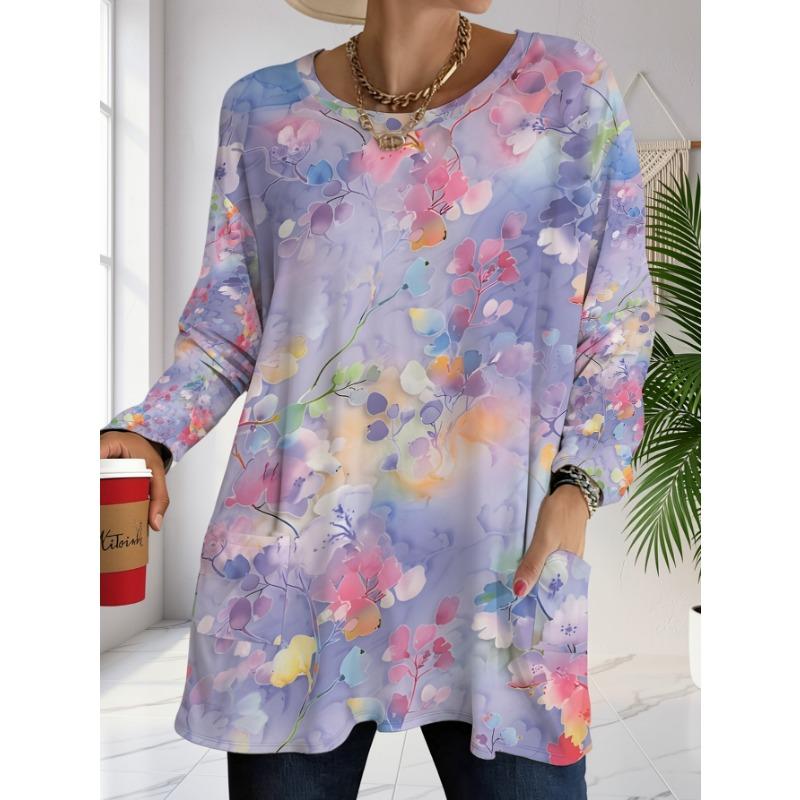 Women s plus size spring printed long-sleeved top with pockets, loose and comfortable, with fresh floral design. S